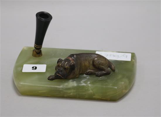 A marble and bronze ink stand with a bulldog mount width 17cm